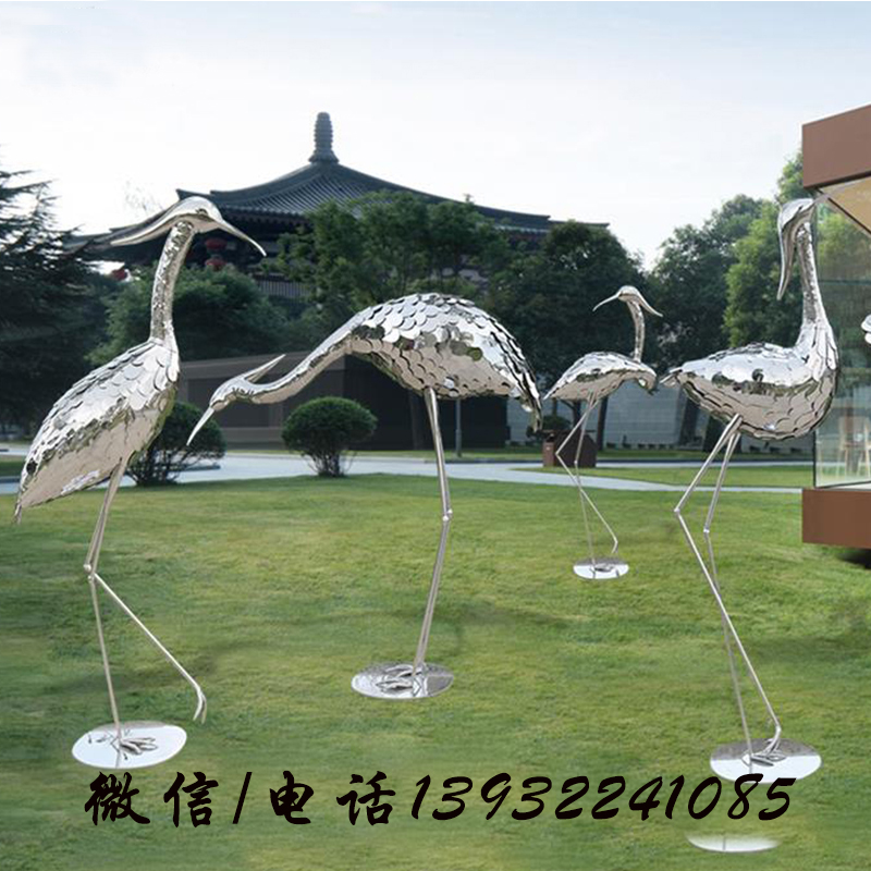 不锈钢镜面仙鹤雕塑仿真动物摆件庭院水池,户外园林景观花园装饰品