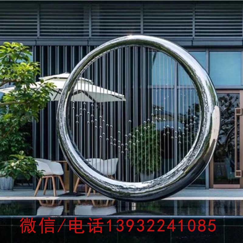 不锈钢月亮雕塑金属圆环镜面雕像创意抽象水景酒店售楼处装饰