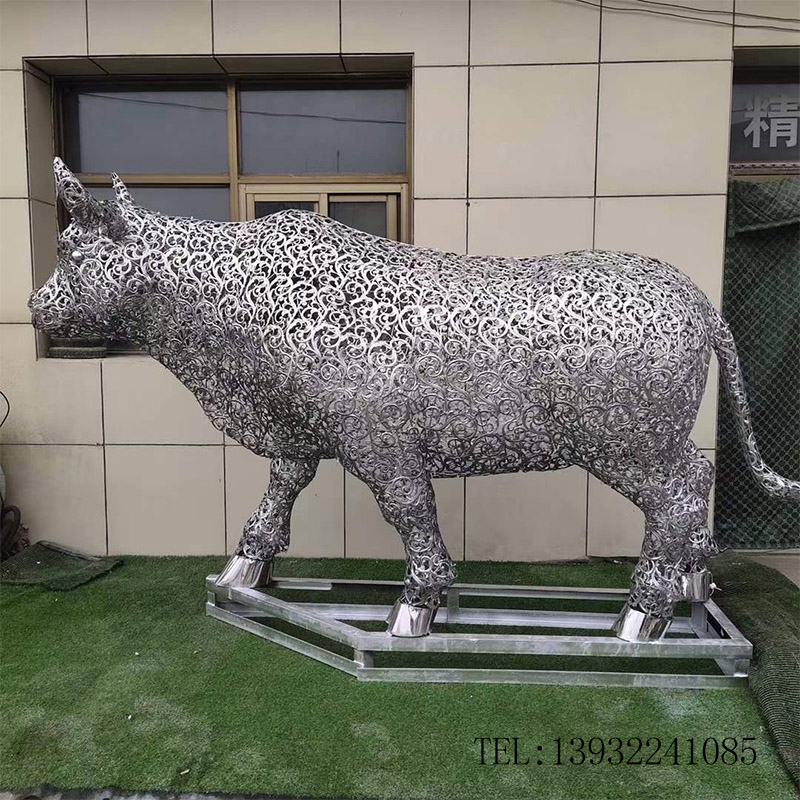 不锈钢镂空牛雕塑户外金属抽象动物