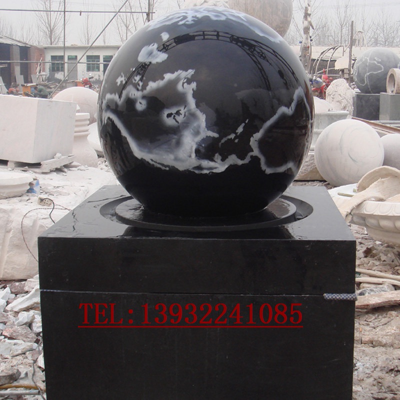 石雕风水球中国黑雕刻流水景观